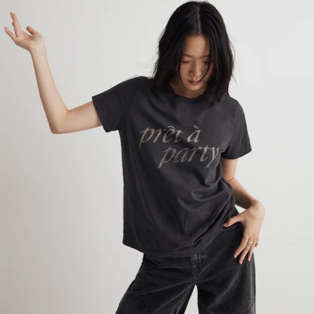 Madewell Prêt À Party Grey Short Sleeve Graphic Cotton Crew Neck Tee Shirt XS